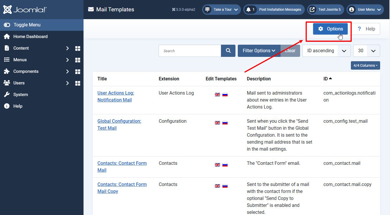 Impostazioni dei modelli di posta elettronica di Joomla 5