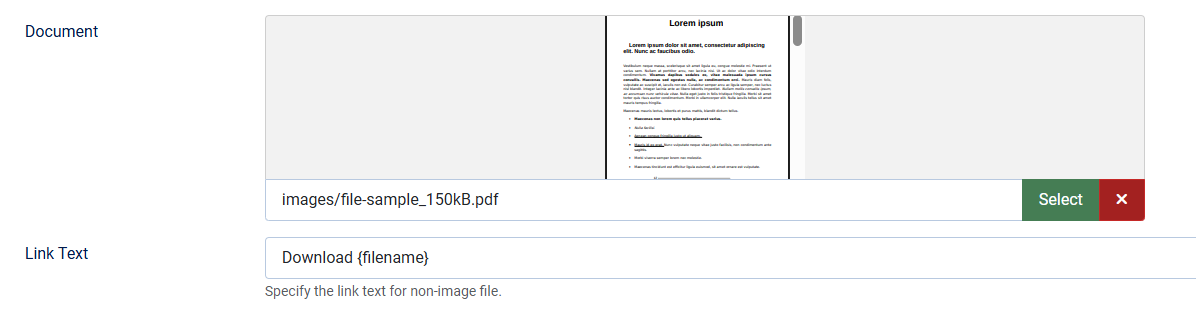 Selezione campo documento con campo di immissione per personalizzare il testo del link