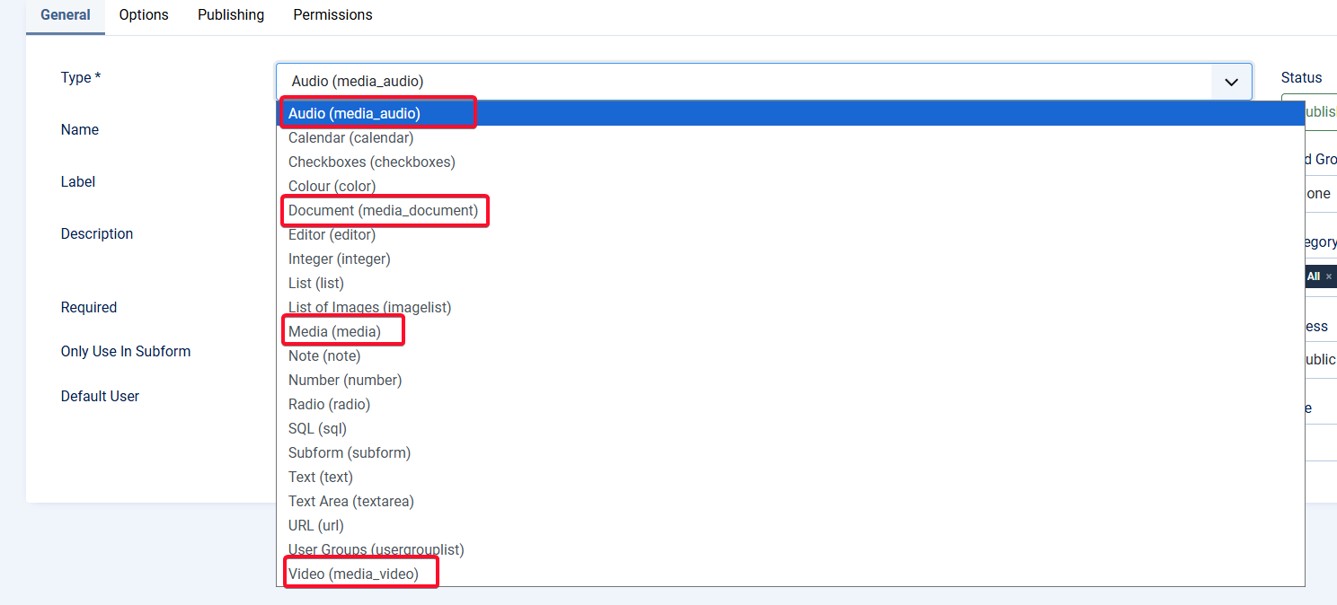 Menu a tendina dei tipi di campo in Joomla 6.1