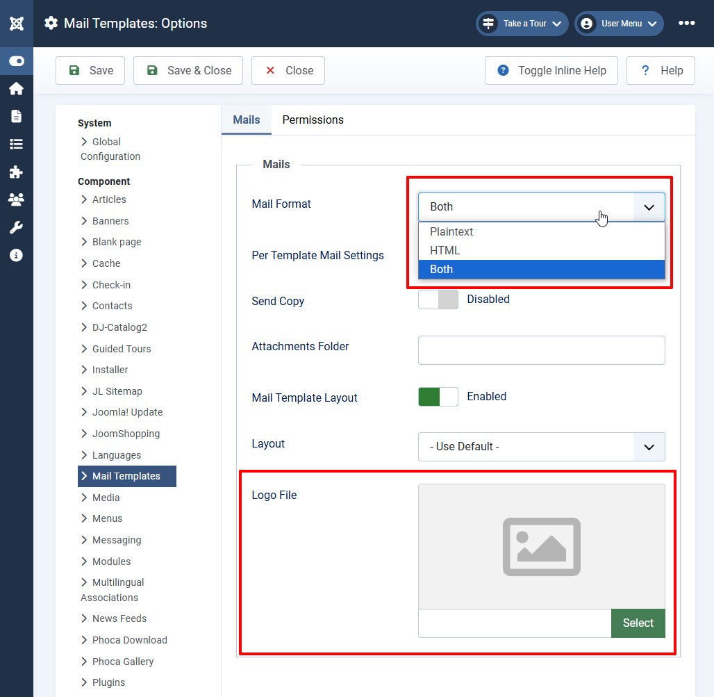 Impostazioni dei modelli di posta elettronica di Joomla per il layout HTML e il logo del sito nelle e-mail