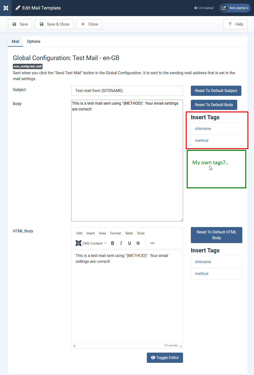 modificare il modello di posta elettronica in Joomla 5