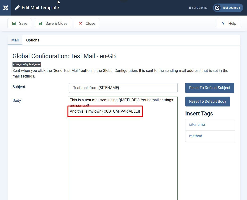 Aggiungi variabile personalizzata al modello di posta elettronica di Joomla