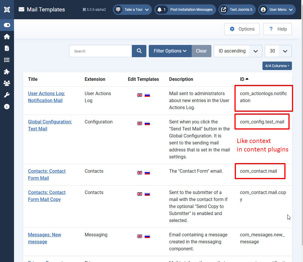 ID del modello di posta elettronica nella visualizzazione dei modelli di posta elettronica di Joomla 5