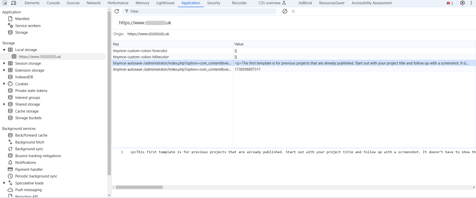 Screenshot showing the Chrome developer tools and the contents of the local storage cromo OvkmdodwV6