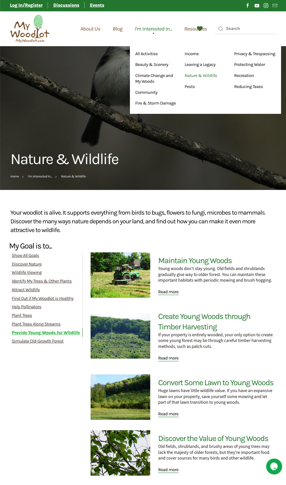 Screenshot dell'attuale sito MyWoodlot che mostra l'area di interesse, l'obiettivo e il processo di selezione delle attività in uso.