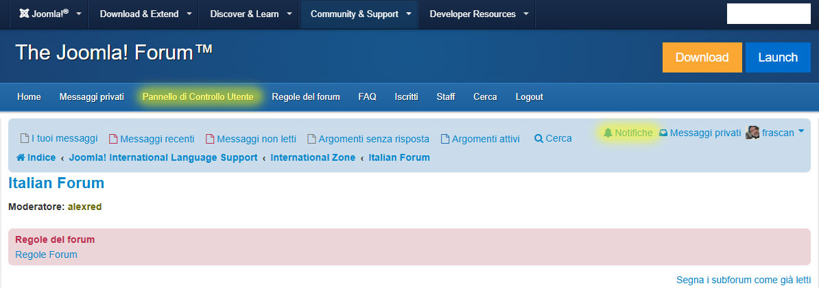 notifiche forum joomla italia